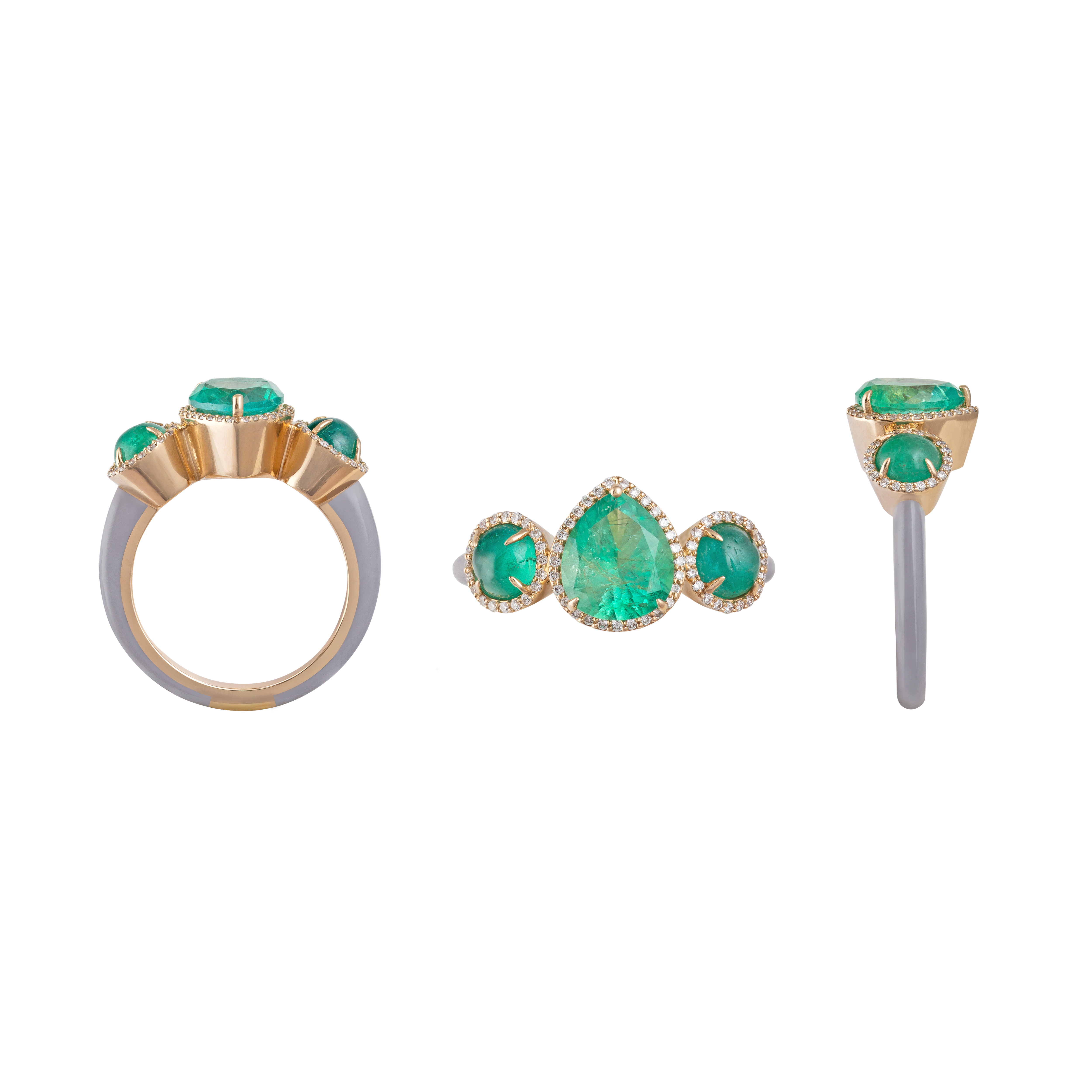 Eye Candy Ring in 18K yellow gold with VS-G diamonds, Emerald stone