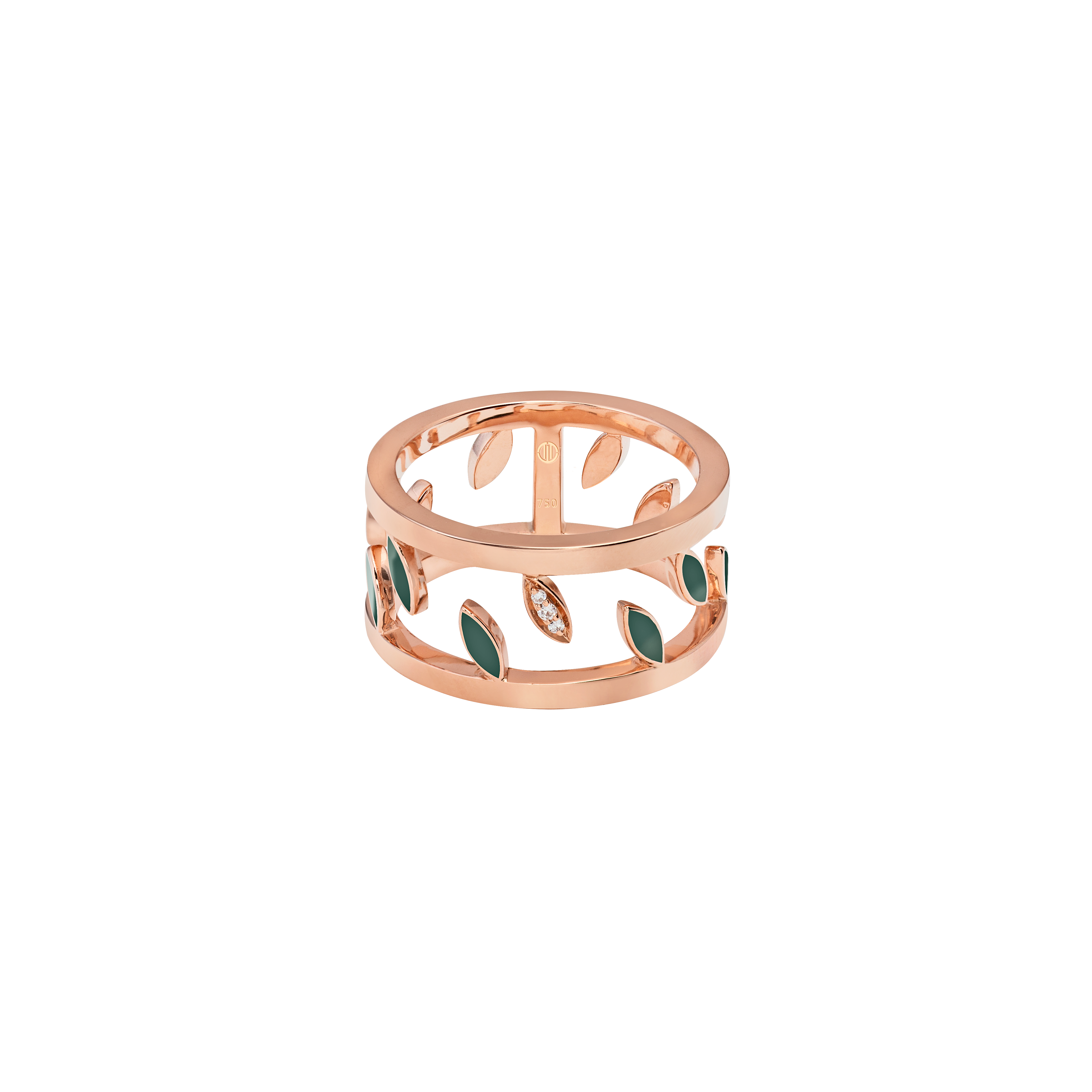 Leaves Ring in 18K Yellow Gold and VS-G Diamonds, with Green Enamel