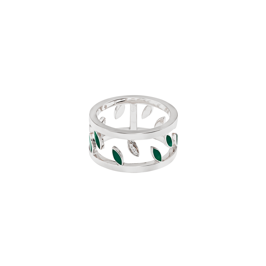 Leaves Ring in 18K Yellow Gold and VS-G Diamonds, with Green Enamel