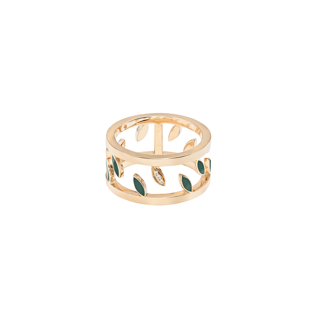 Leaves Ring in 18K Yellow Gold and VS-G Diamonds, with Green Enamel