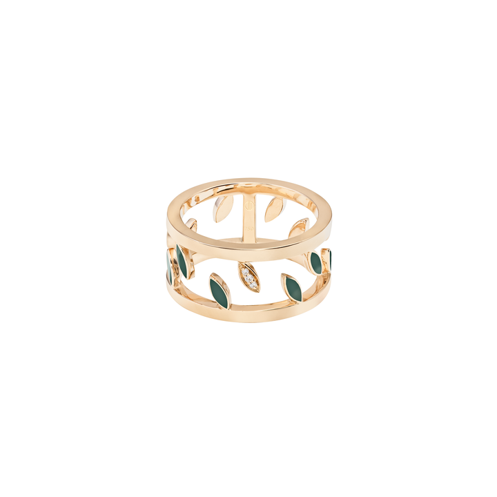 Leaves Ring in 18K Yellow Gold and VS-G Diamonds, with Green Enamel