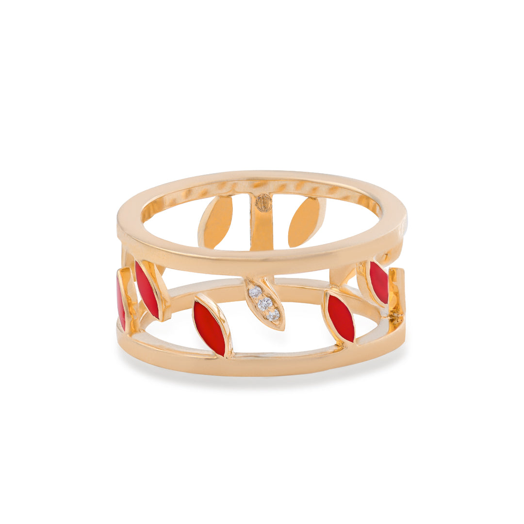 Leaves Ring in 18K Yellow Gold and VS-G Diamonds, with Red Enamel