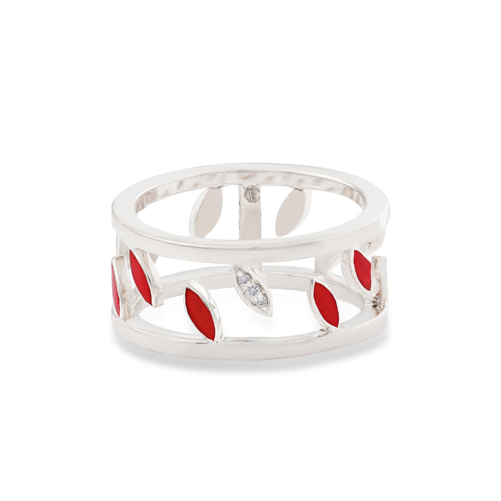 Leaves Ring in 18K Yellow Gold and VS-G Diamonds, with Red Enamel