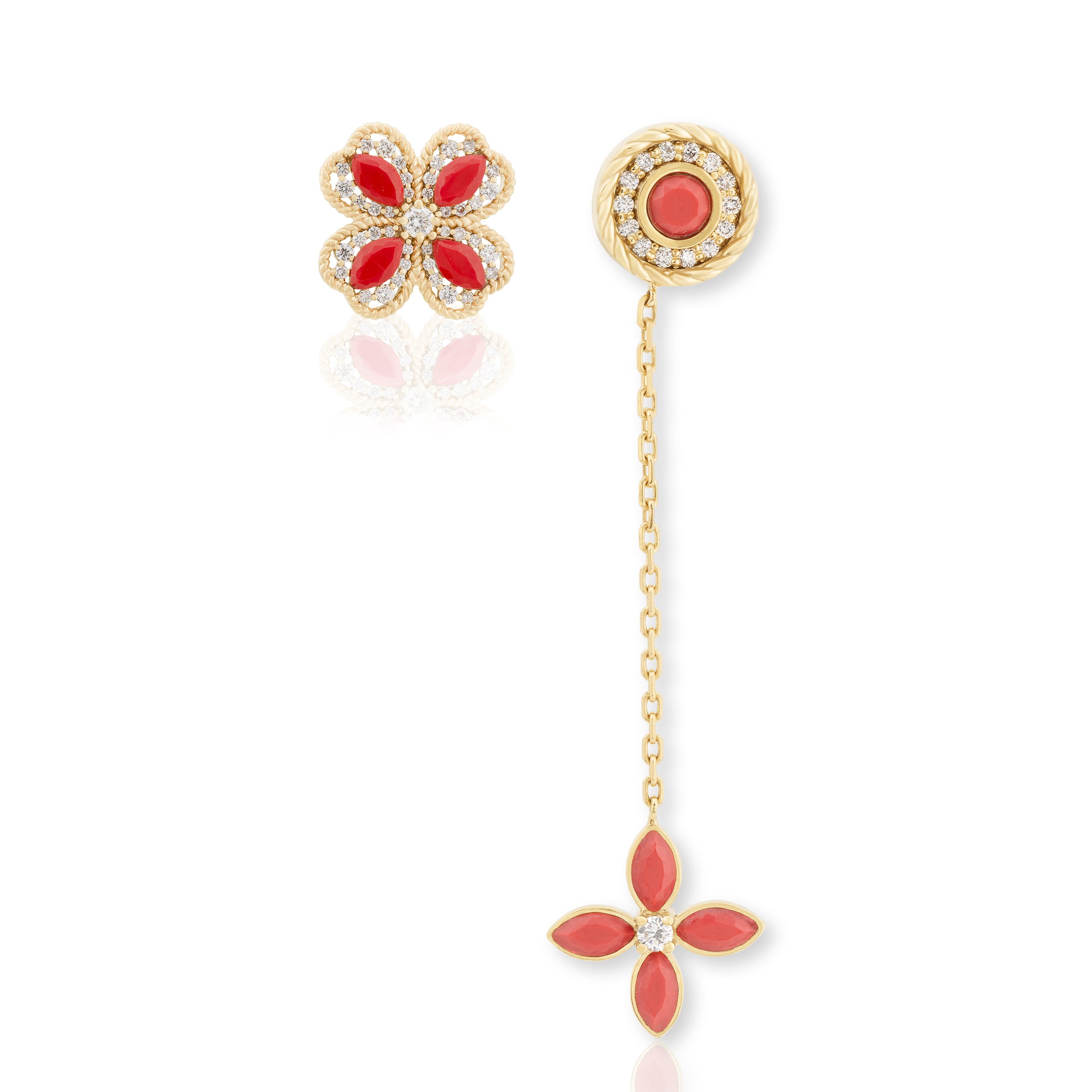 Earrings In 18k Yellow Gold With VS-G Diamonds And Red Coral Stone