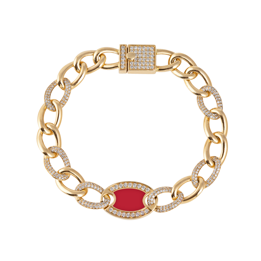 Chain bracelet in 18K white gold with VS-G diamonds and red enamel