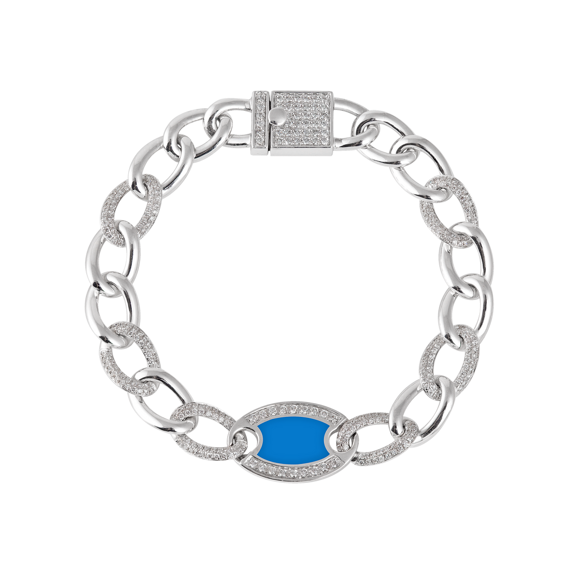 Chain bracelet in 18K white gold with VS-G diamonds and blue enamel