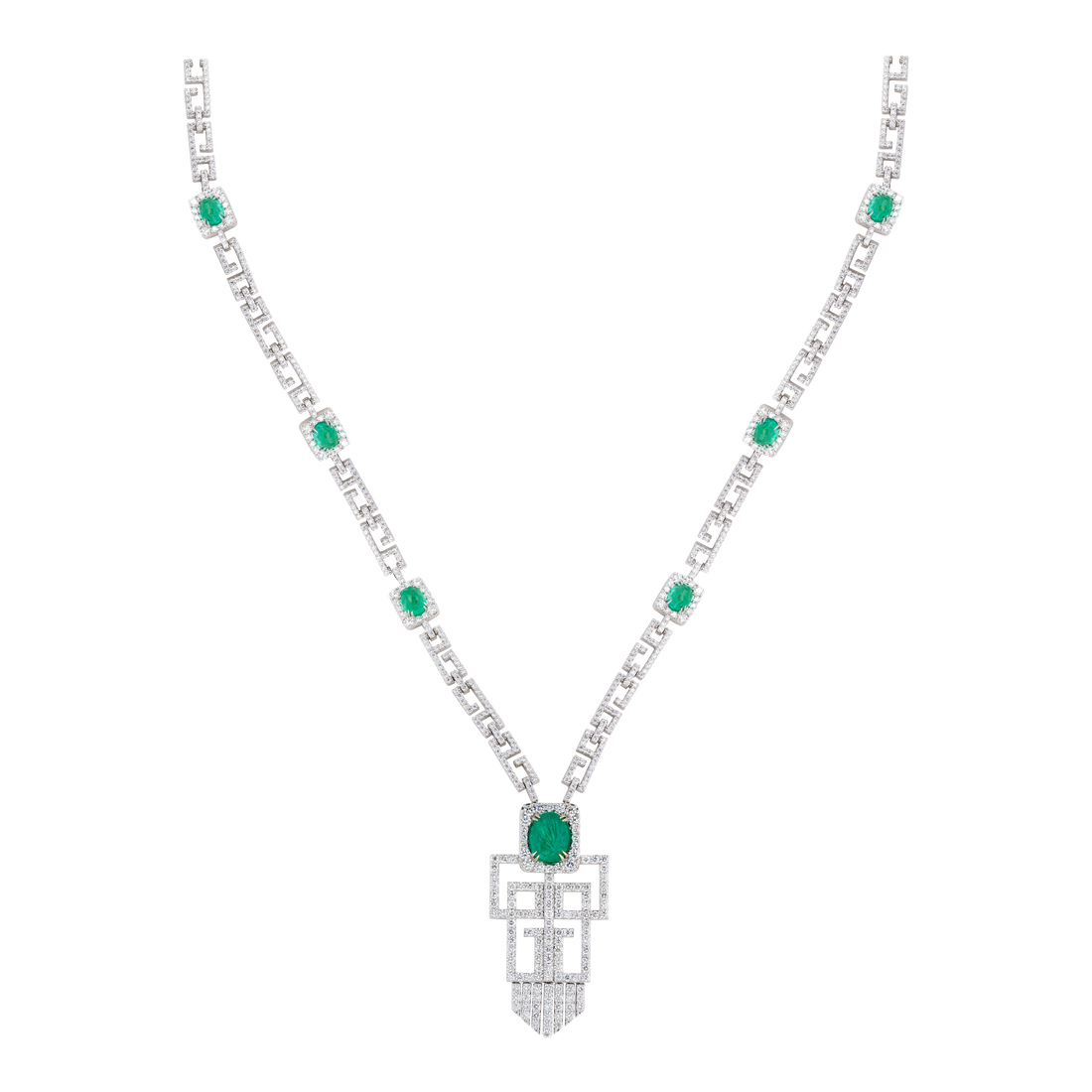 Art Deco Pendant in 18k white gold with VS-G Diamonds & Earmold stone