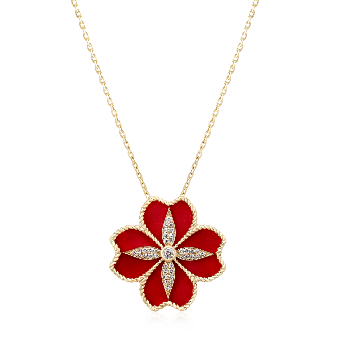 Mallow Flower Necklace in 18k yellow Gold with Diamonds & Red Enamel