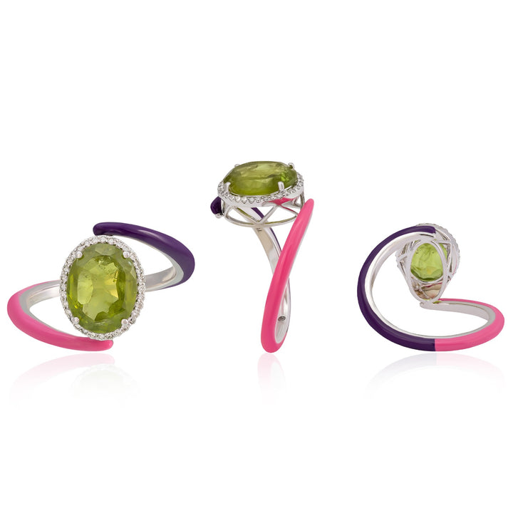 Eye Candy Ring18k White Gold VS-G Diamond, Peridot Stone, And Enamel Color