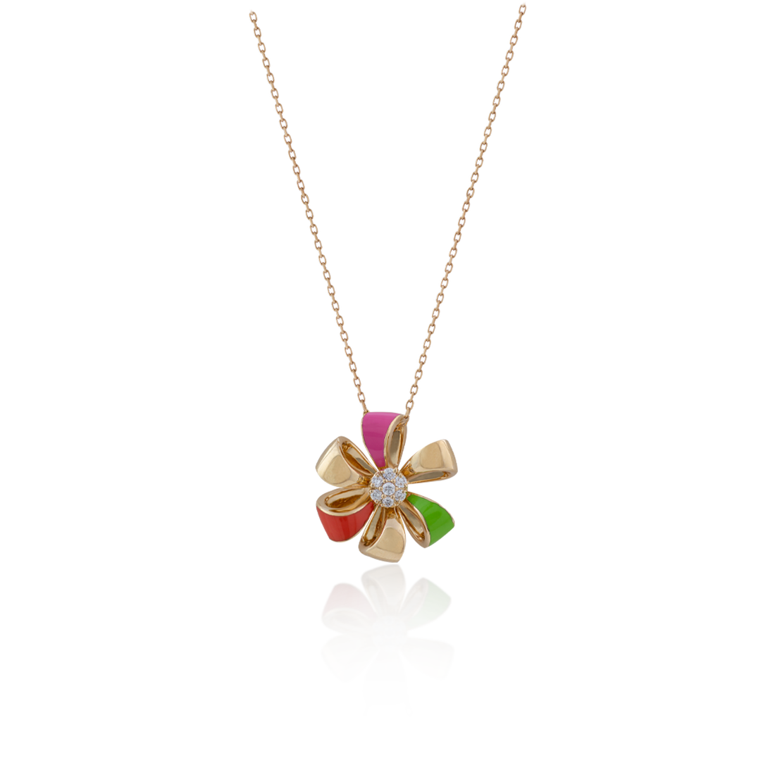 Flora Necklace  Pendant in Flower Shapes with 18K Yellow Gold with VS-G Diamonds and Pink/lime