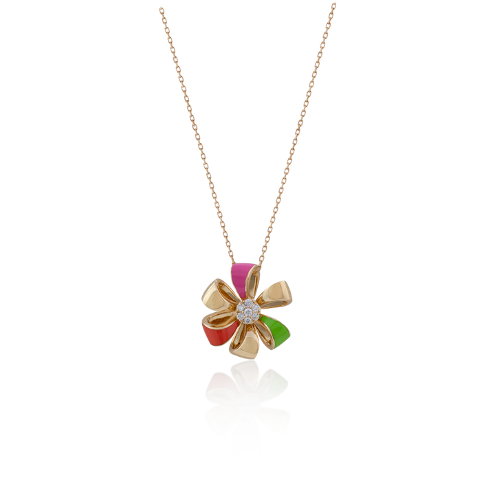 Flora Necklace  Pendant in Flower Shapes with 18K Yellow Gold with VS-G Diamonds and Pink/lime