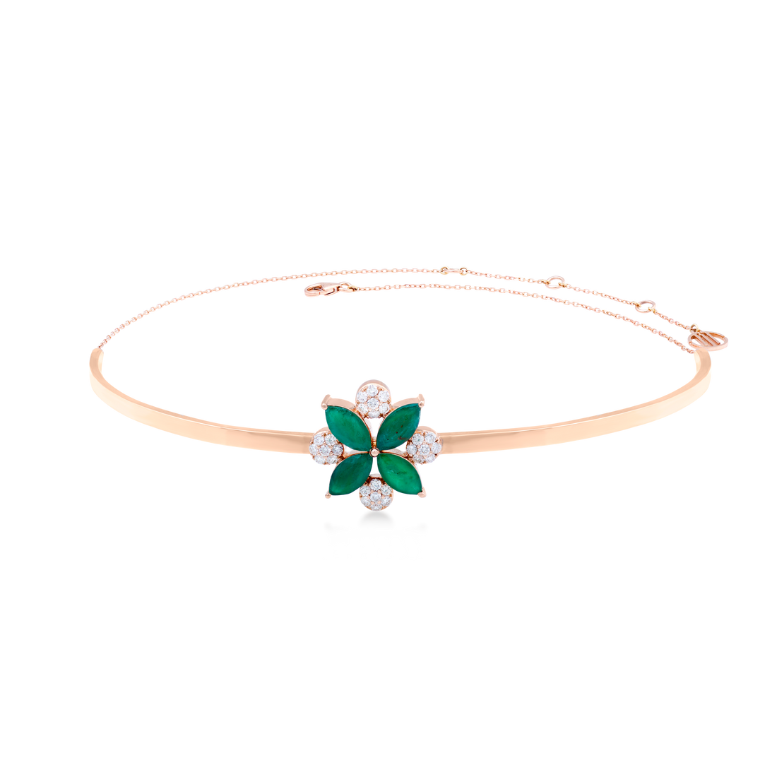 Quatrefoil inspired 18k rose gold with SI diamonds and emerald stones