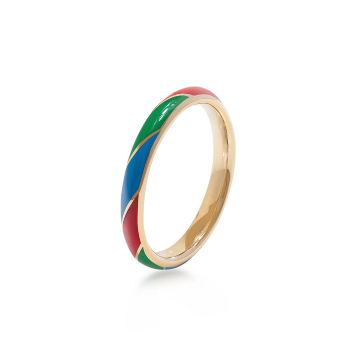 Ring in 18K yellow gold with blue/red/green enamel