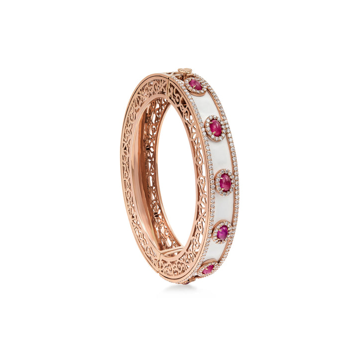 Bangle in 18K rose gold with VS-G diamonds, white enamel, and ruby stones - Art deco