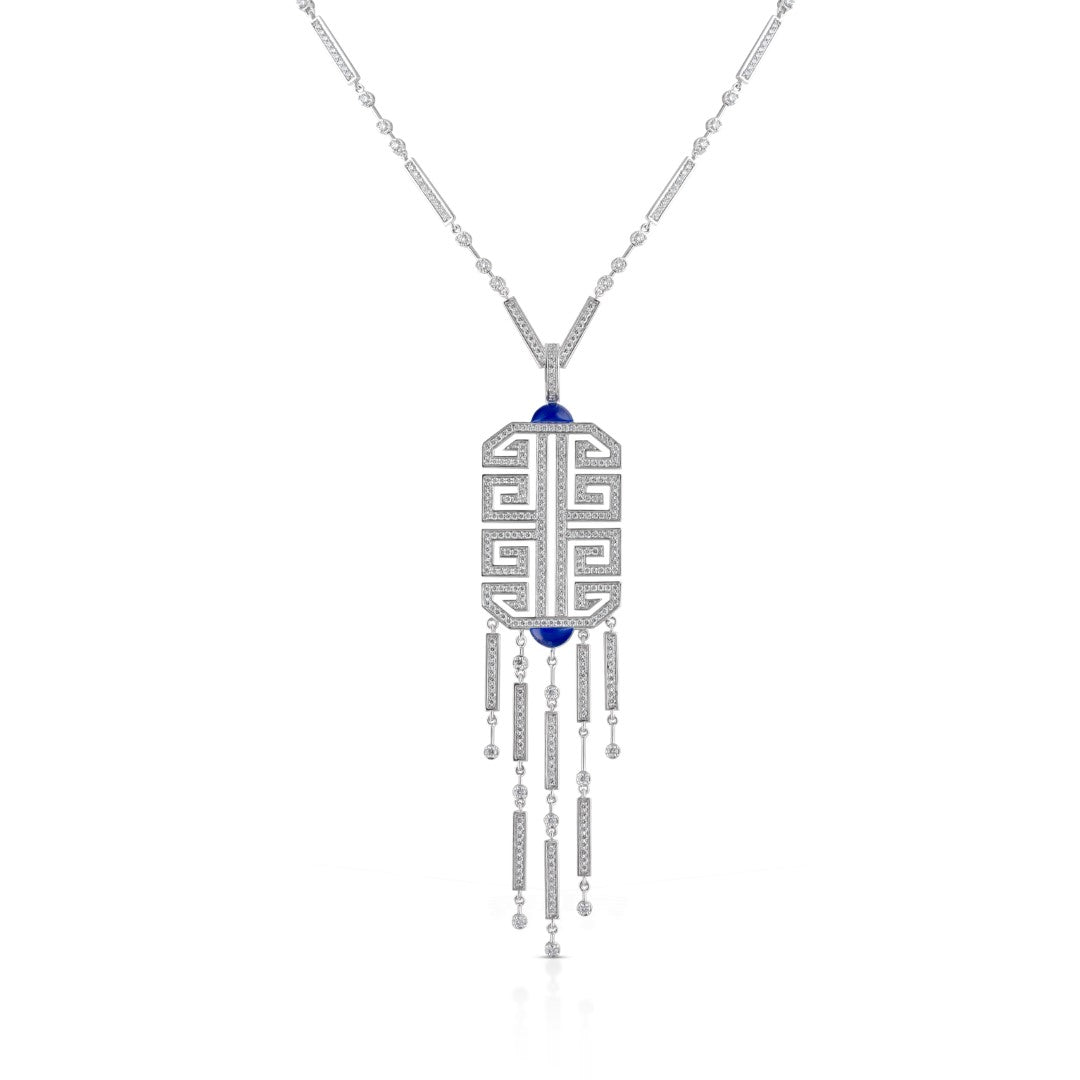 Art Deco Necklace Pendant in 18k white gold art deco inspired with fringes VS-G diamonds