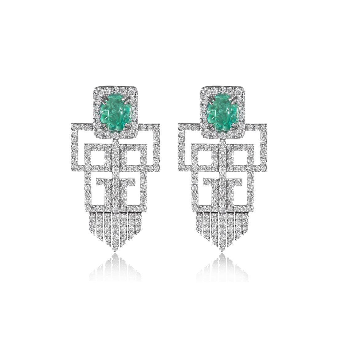 Art deco Earrings inspire 18K white gold with VS-G Diamonds and Emerald stone