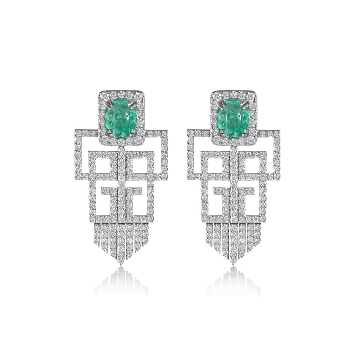 Art deco Earrings inspire 18K white gold with VS-G Diamonds and Emerald stone