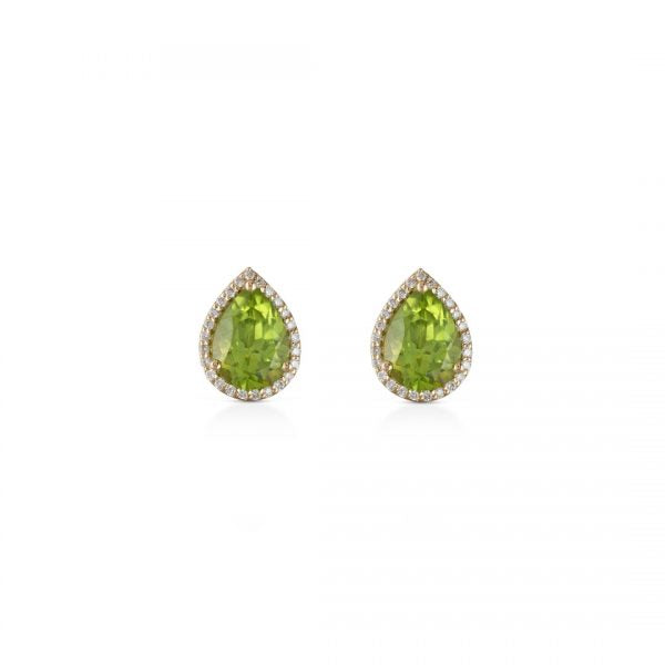 Eye Candy Earring in 18k yellow gold studs with VS-G diamonds, peridot, and gold swirl enamel