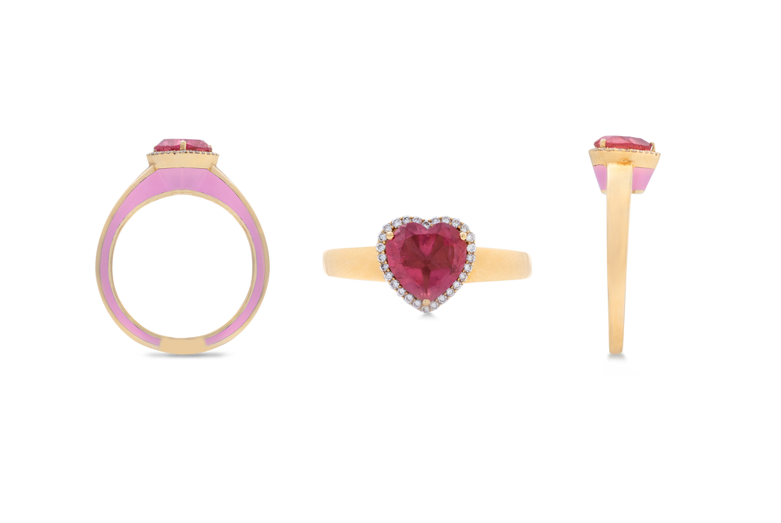 Eye Candy Ring in 18K Yellow Gold Ring with VS-G Diamonds, Spinel and Pink Enamel