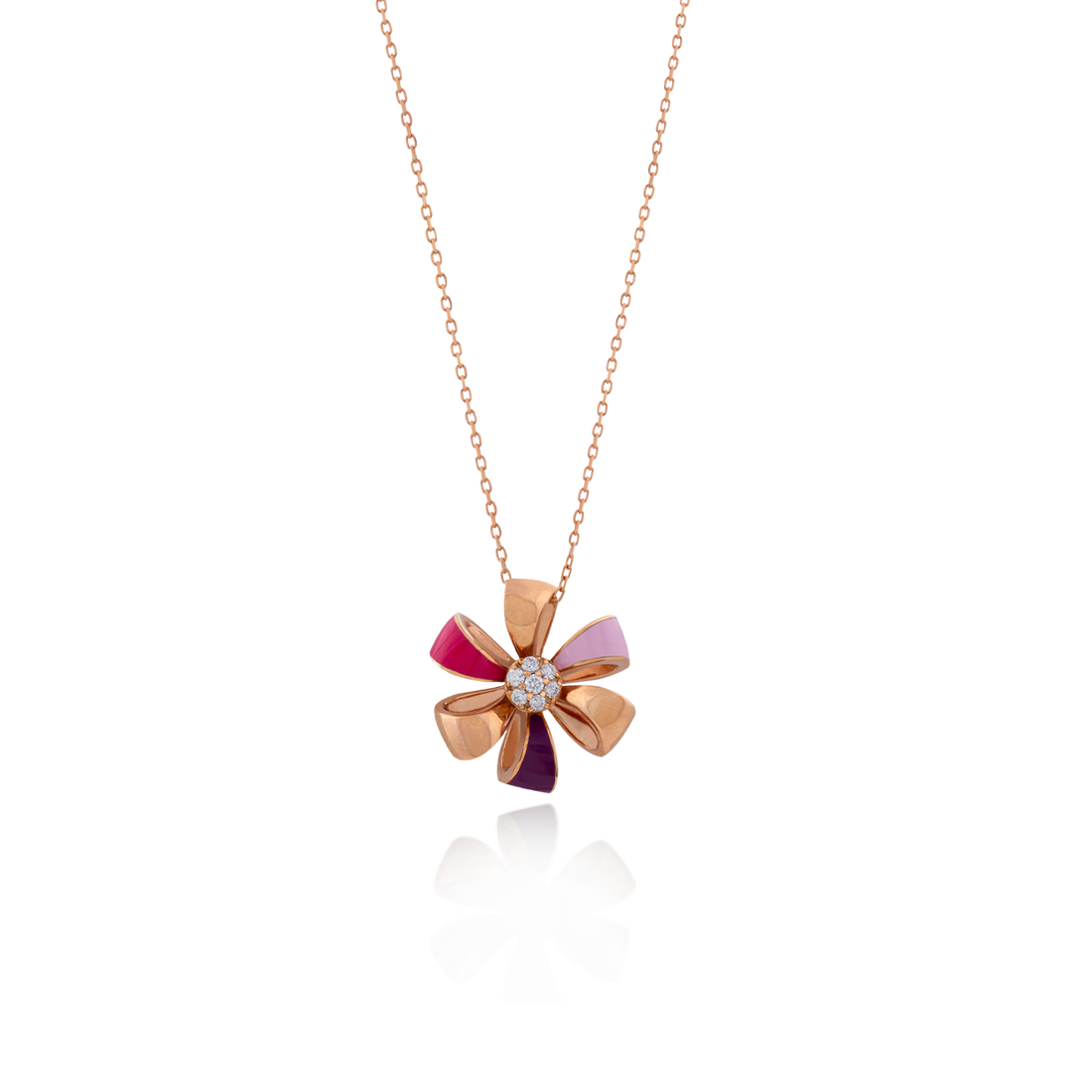 Flora Necklace Pendant in Flower-Shape with 18K Rose Gold and VS-G Diamonds and Fuchsia/Pink