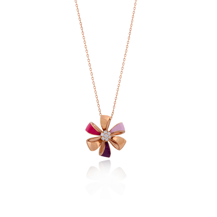 Flora Necklace Pendant in Flower-Shape with 18K Rose Gold and VS-G Diamonds and Fuchsia/Pink