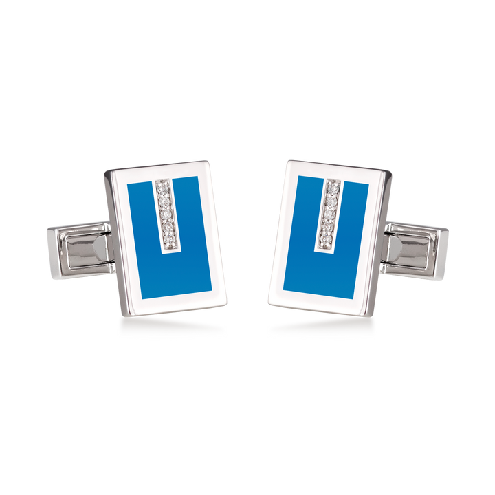 Cufflinks in 18K White Gold with VS-G Diamond and Turquoise and White Enamel