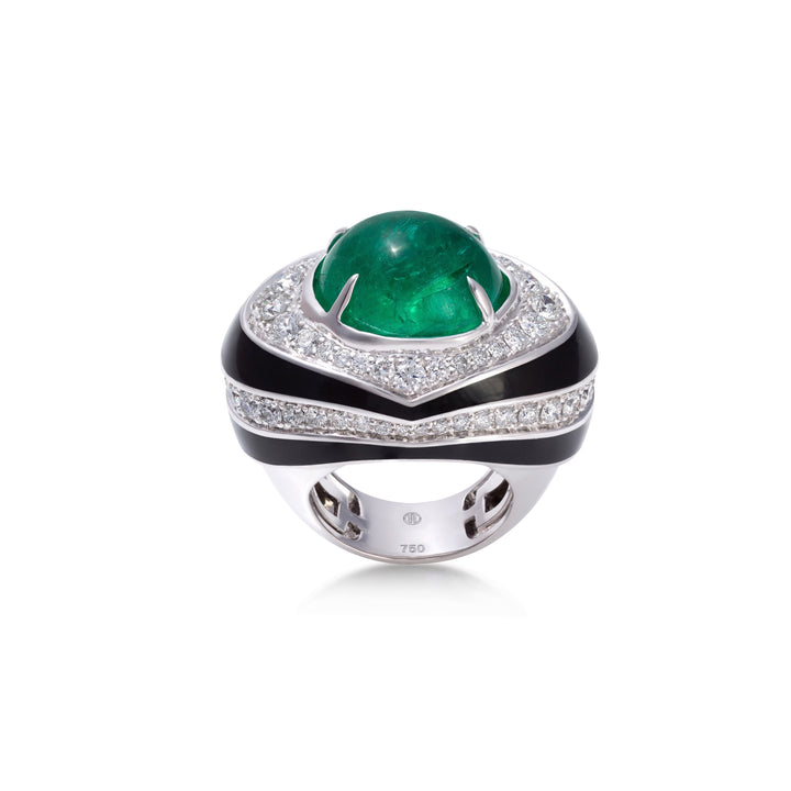 Ring in 18K white gold with VS-G diamonds, Emerald stone and black enamel