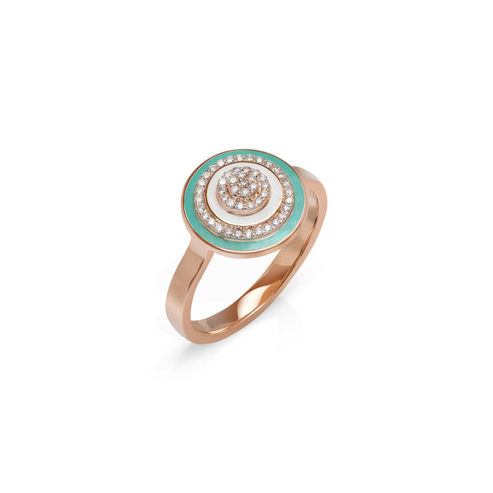 Ring in 18K Yellow Gold Studs, Adorned with VS-G Diamonds and Turquoise Enamel