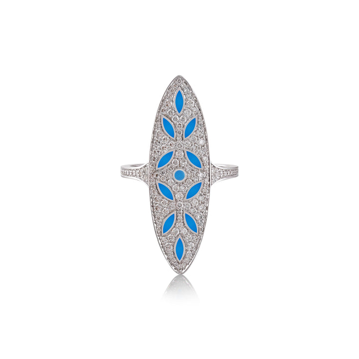 Ring in 18K white gold with VS-G diamonds and turquoise enamel