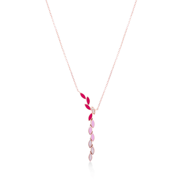 Leaves Necklace in 18k rose gold and SI diamonds with enamel pink