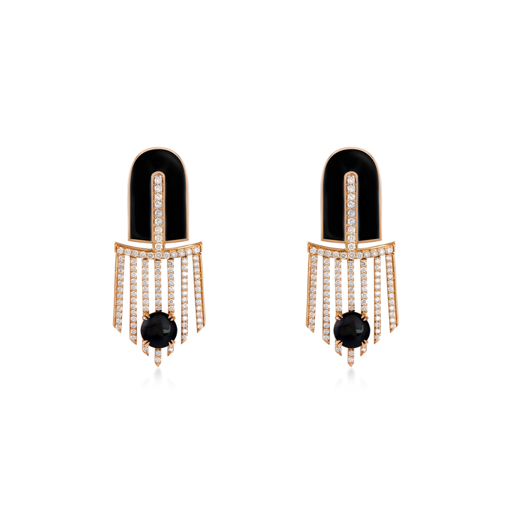 Earrings in 18K Yellow Old with VS-G Diamond, Black Onyx and Black Enamel Earring