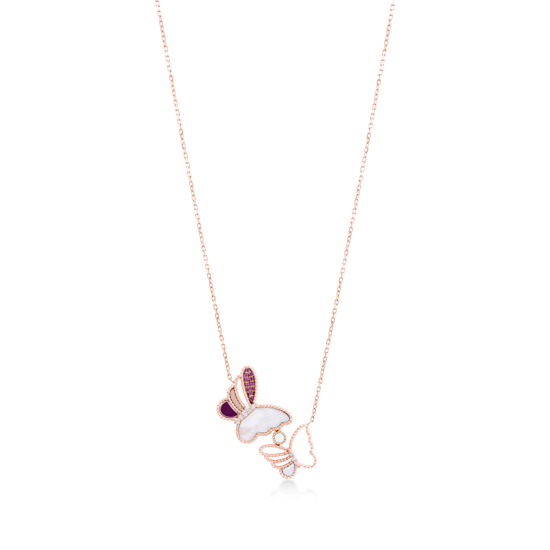 Butter Fly Necklace in 18k rose gold with purple enamel, SI diamonds