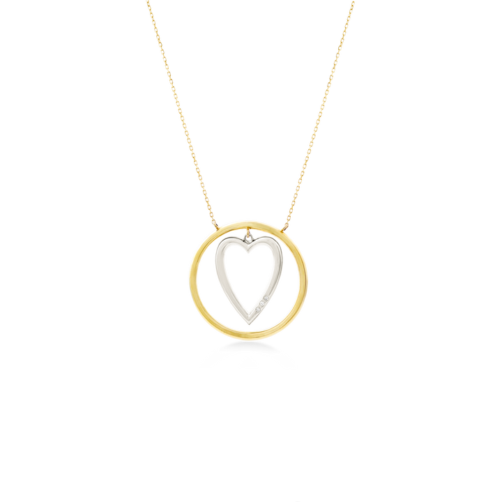 Pendant in Heart-Shaped with 18K white Gold Enclosed in an 18K Yellow Gold Circle