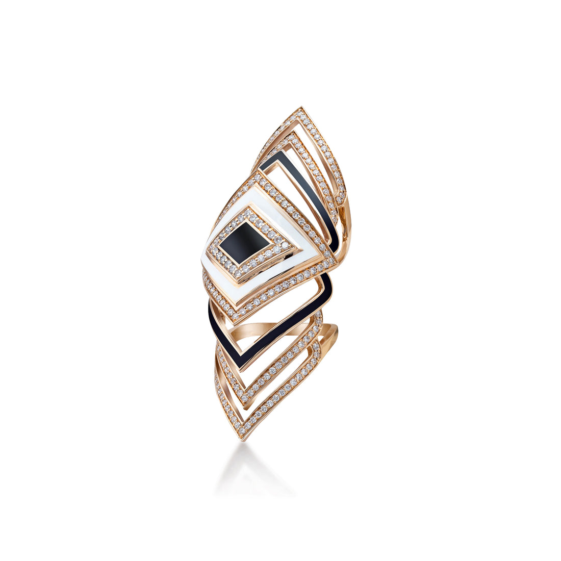 Ring in 18K yellow gold with VS-G diamonds and black/white enamel