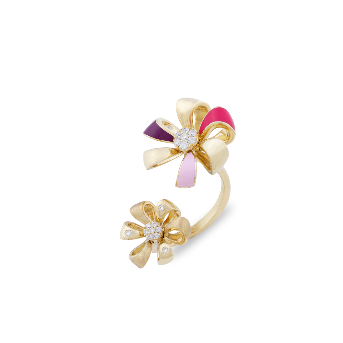 Flora Ring Double Flower in 18K Yellow Gold with VS-G Diamonds and Fuchsia/Pink