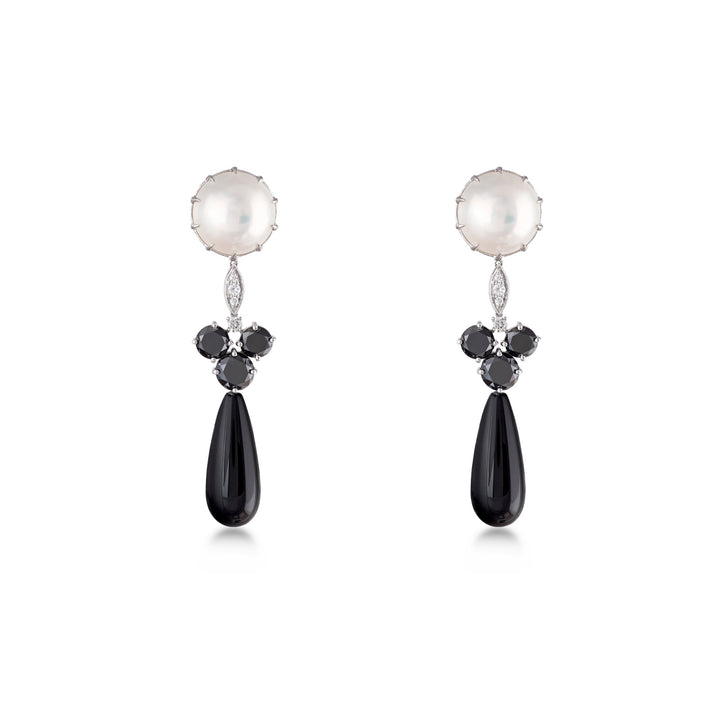 Earrings in 18K white gold with VS-G diamonds, white pearl and Black Onyx Stone