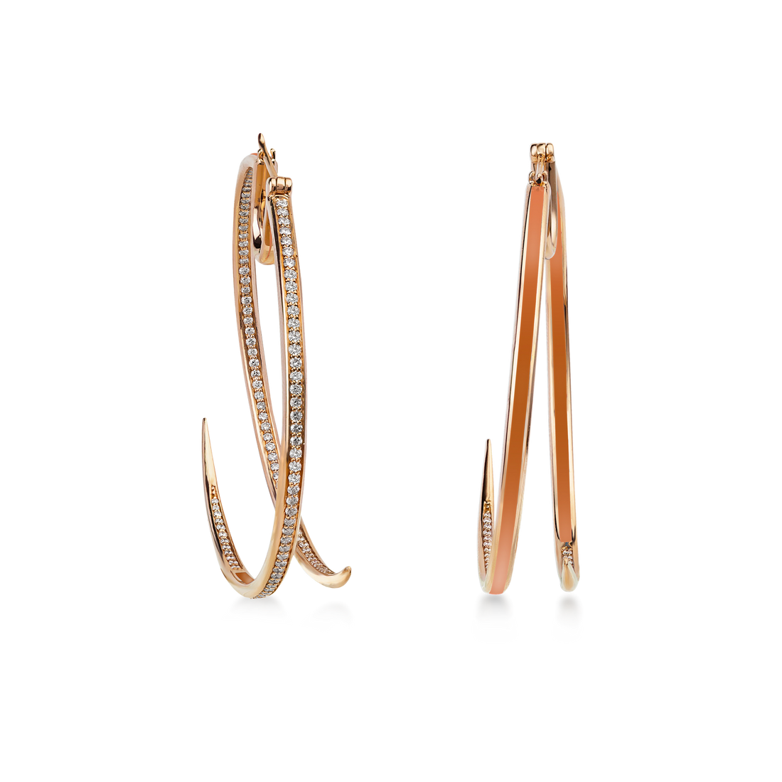 Hoop Earring in 18K Yellow Gold with VS-G Diamond and Orange Enamel