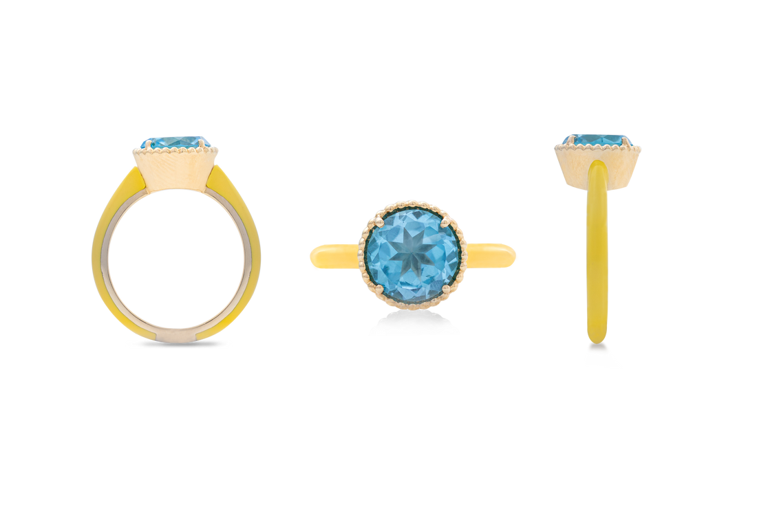 Eye Candy  Ring in 18K Yellow Gold Studs with Blue Topaz and Yellow Enamel