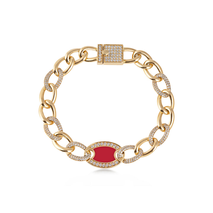 Chain bracelet in 18K white gold with VS-G diamonds and red enamel