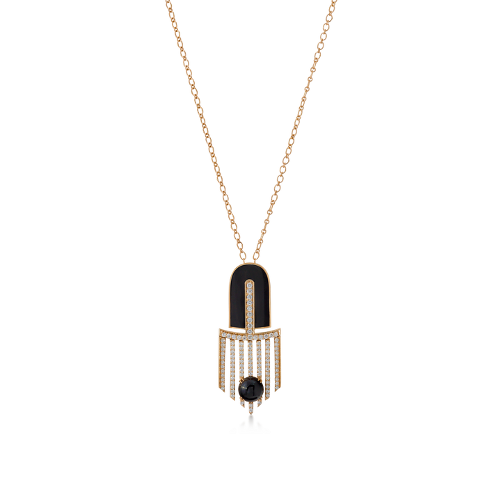 Pendant in 18K Yellow Gold with VS-G Diamond, black Enamel and Black Onyx Stone