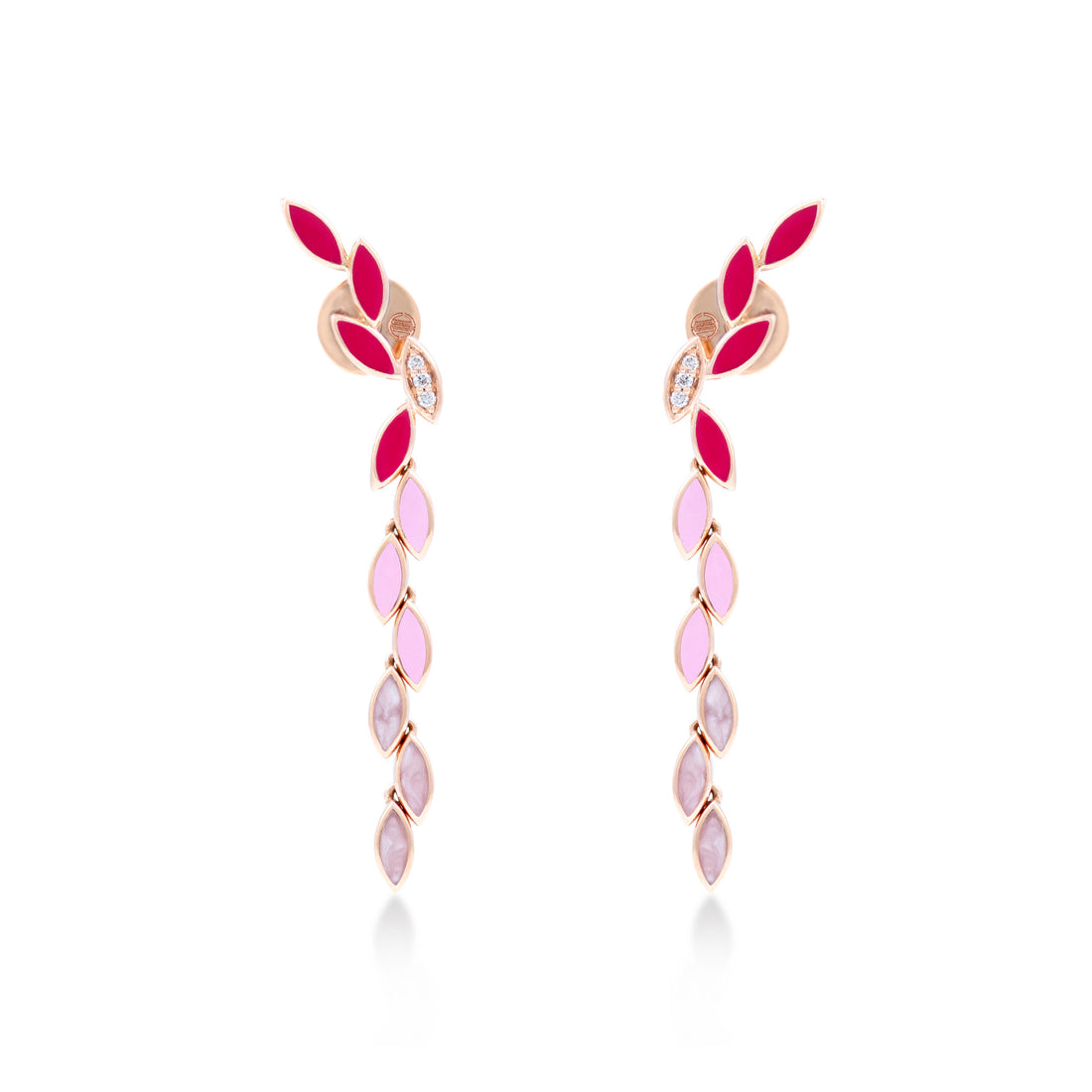 Leaves Earrings In 18k Rose Gold And SI Diamonds With Enamel Pink