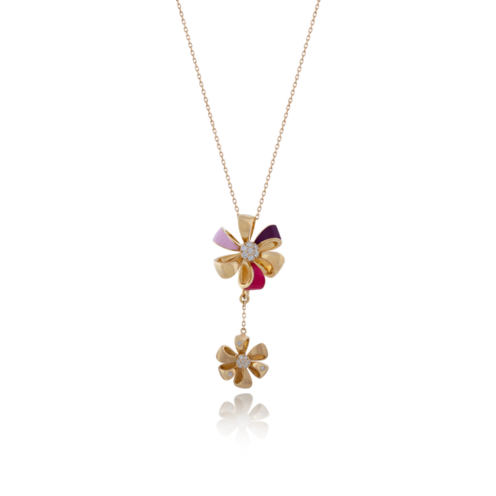 Flora Necklace Pendant in 18K Yellow Gold with VS-G Diamonds and Fuchsia/Pink