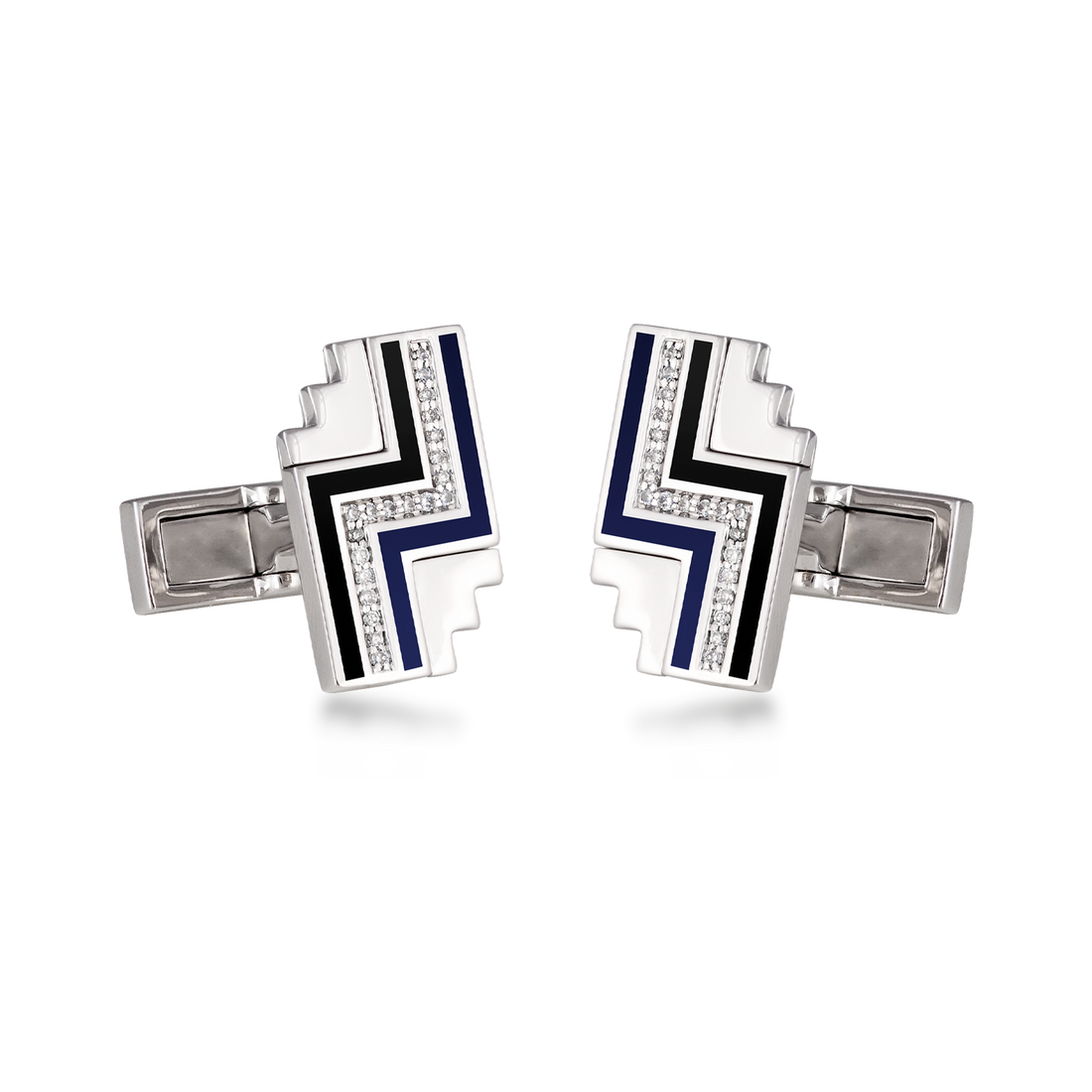 Cufflinks in 18K White Gold with VS-G Diamond and Blue and Black Enamel