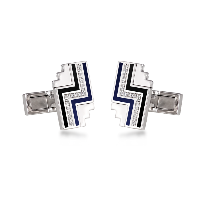 Cufflinks in 18K White Gold with VS-G Diamond and Blue and Black Enamel