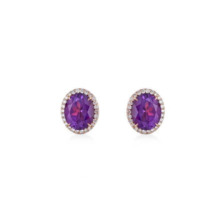 Eye Candy Earrings in 18K yellow gold with VS-G diamonds, amethyst, and white enamel