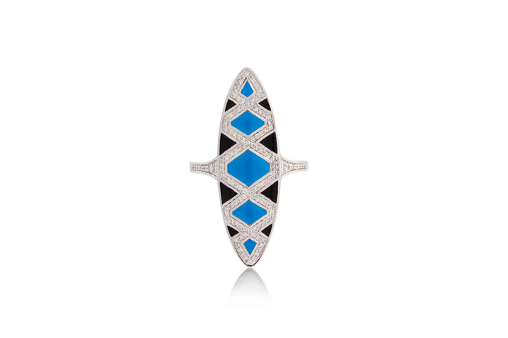 Ring in 18K white gold with VS-G diamonds and black/turquoise enamel