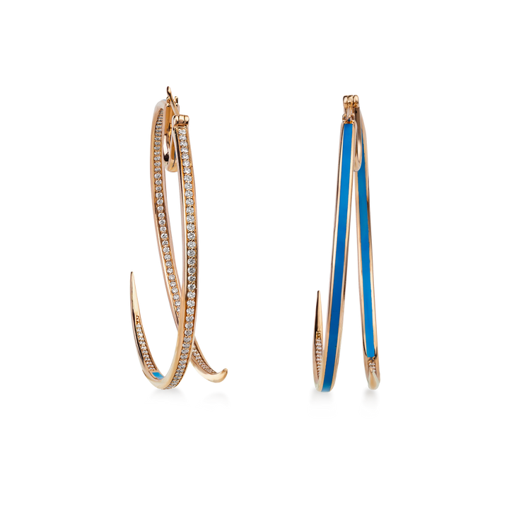 Hoop Earring in 18K Yellow Gold with VS-G Diamond and Turquoise Enamel