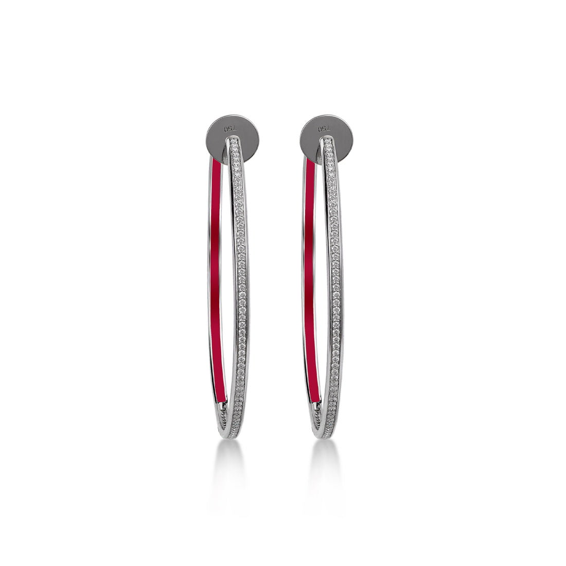 Hoop Earrings in 18K white Gold with VS-G Diamonds and Red Enamel