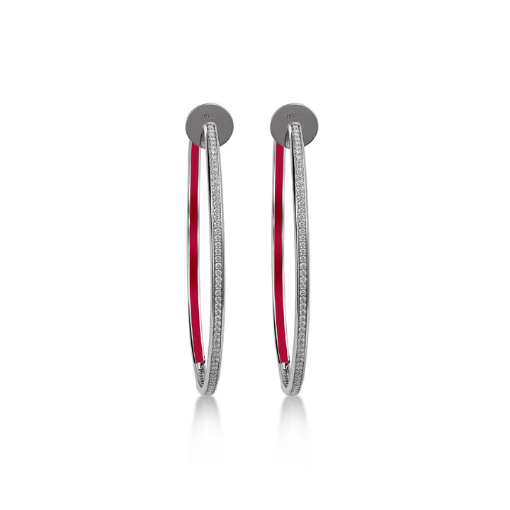 Hoop Earrings in 18K white Gold with VS-G Diamonds and Red Enamel