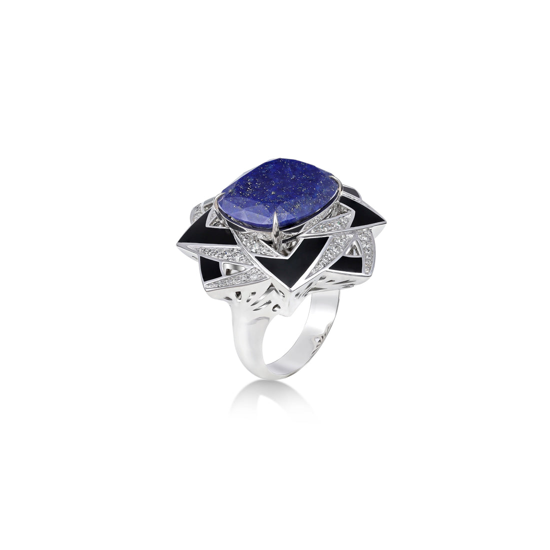 Ring in 18K white gold with VS-G diamonds, Lapis stone and black enamel